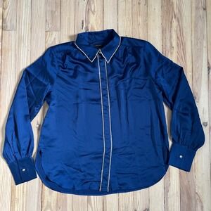 NWT Ann Taylor Navy Blue Flowy Blouse Rhinestone Embellishments Long Sleeve Sz S